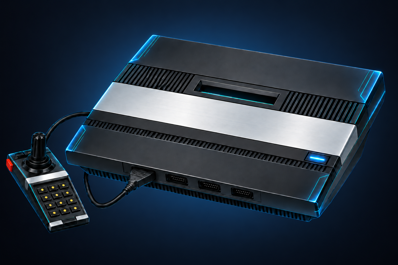 Futuristic console concept preserving the Atari 5200 low wedge profile, silver control strip, top cartridge slot, and keypad controller